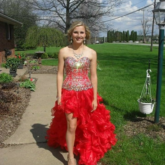 Party Time red, high-low gown ( right leg shows). - Picture 2 of 4